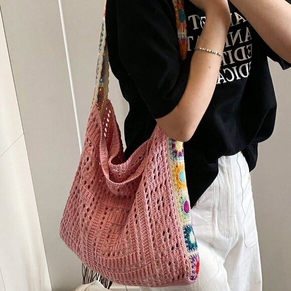 Pink Vacation Women's Hollow Knitted Contrast Color Flower Crossbody Bag - Picture 5 of 7